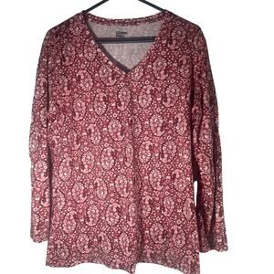 Lands' End Pink Maroon Floral Paisley V-neck Fashion Top Blouse Women's Large